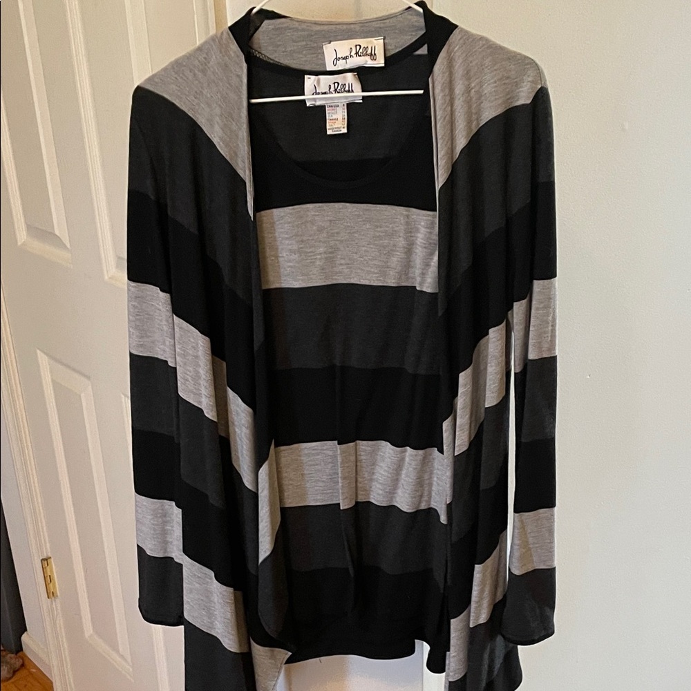 Joseph Ribkoff Black and Gray Striped Open-Front Cardigan Top 2 pice set